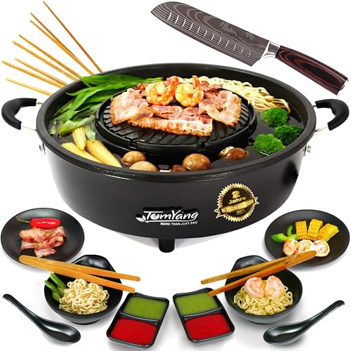 TomYang Elektrischer Hot Pot inkl. Premium Zubehör – Santoku Messer, 6 Grillzangen und Asia Fondue Geschirr für Thai Grill, Korean BBQ Grill, Tischgrill Elektrogrill