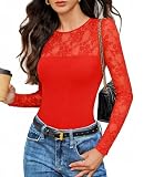 Avidlove Valentines Outfits for Women Long Sleeve Lace Bodysuit Crew Neck Body Suits Sheer Going Out Tops