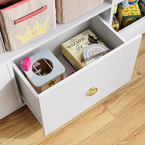 Image of Cozy Castle 4 Tier Book Shelf, 9 Cube Storage Organizer Bookshelf with Drawers, Toy Storage Organizer, Horizontal Bookcase for Living Room, Playroom, White