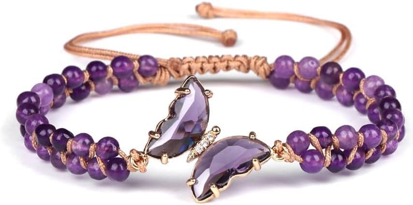 Healing Amethyst Crystal Butterfly Bracelets for Women, Bracelet with Lucky Butterfly Charms, Double Braided Crystal Chain Purple Beaded Healing Stretch Bracelet Gifts for Her Amethyst Brace