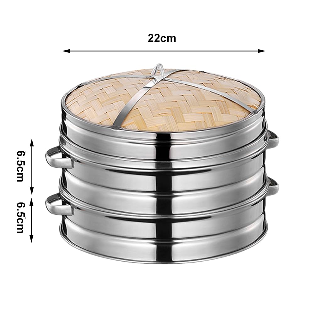Vaporizador de bambú de 22 cm, vaporizador de dos niveles con tapa, ideal para cocina asiática, bollos, albóndigas, verduras, pescado