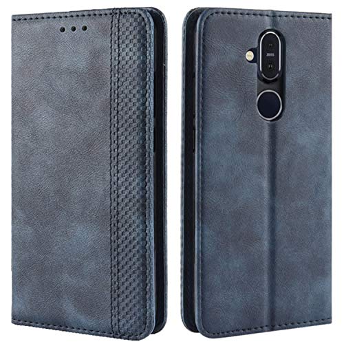 HualuBro Handyhülle für Nokia 8.1 Hülle, Retro Leder Brieftasche Tasche Schutzhülle Handytasche LederHülle Flip Hülle Cover für Nokia 8.1 - Blau