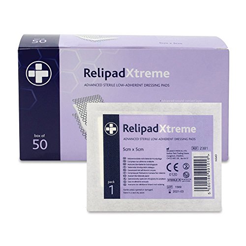 Image of Reliance Medical Sterile Relipad Xtreme Low Adherent Dressing Pads - for Heavy Duty Use with Advanced Absorbency Technology, Double-Sided Design for Maximum Exudate Absorption, 5 cm x 5 cm, Box of 50