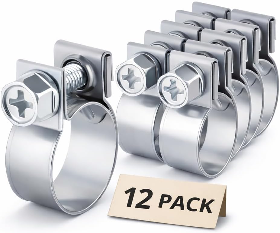 ABA 12 Pcs Hose Clamps Bolt/Nut Worm Gear Clamp Set for Automotive, Fuel, Radiator & Plumbing – Heavy Duty 304 Stainless (0.49"–0.57", 0.35" Band, 0.28" Screw)