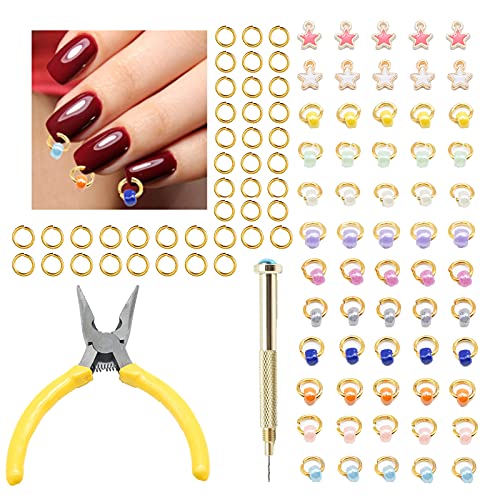 bigboxbox Nail Piercing Tool, 512PCS Nail Charms Dangle Piercing Kit, Colored Beads Star Nail Ring Hand Drill Pliers for Nail Piercing Charms Dangle, Dangling Nail Charms