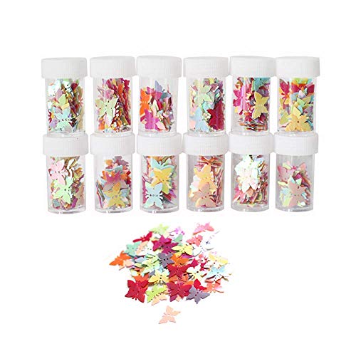 12 Pack Slime Bead Supplies,Simuer Glitter Butterfly Sequins Paillette Glitter Pack Shake Jars DIY Art Craft for Slime,Nail Art Polish,Decoration,Wedding Confetti