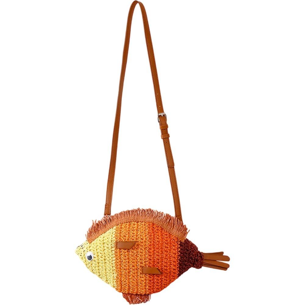 Hrippy Orange Fish Shaped Straw Shoulder Bags Handmade Paper Woven Crossbody Bag Cute Summer Beach Bag Novelty Holiday Purses