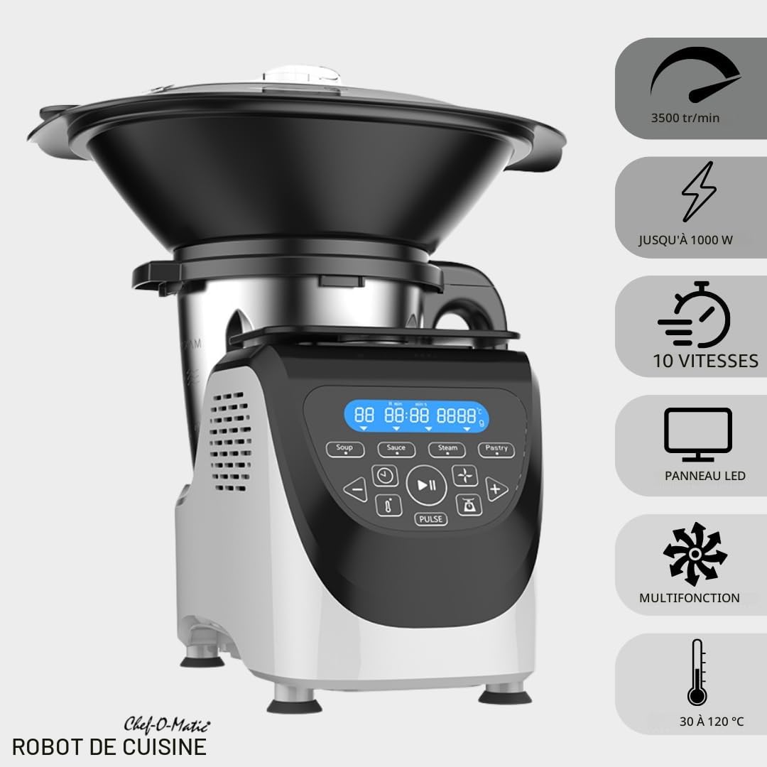 Robot de cuisine Chef O Matic Kitchen Robot, 1000 W, 3 L, 3 500 tr/min, plusieurs accessoires, 10 vitesses, robot multifonction, Écran tactile LED