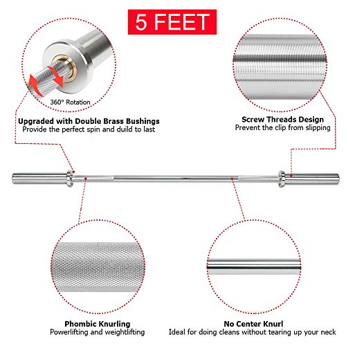 Bonnlo Barbell Olympic Bar, 5 Feet Olympic Weightlifting Bar 28mm Grip 600 lbs Capacity Bar Bench Press Chrome with Rotating Sleeve