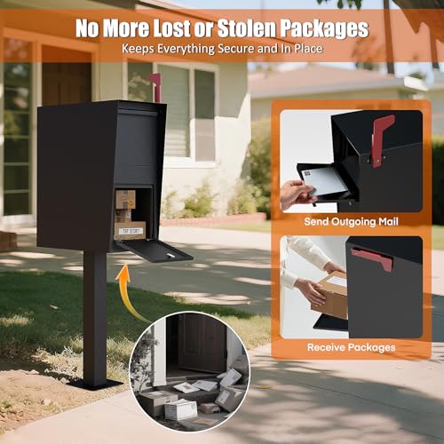 Image of Package Mailbox with Lock, Large Post-Mount Locking Mailboxes for Outdoor Use, Heavy-Duty Steel Curbside Security Mailbox with Post and Base Plate, Weatherproof Mail Box for Residential Deliveries