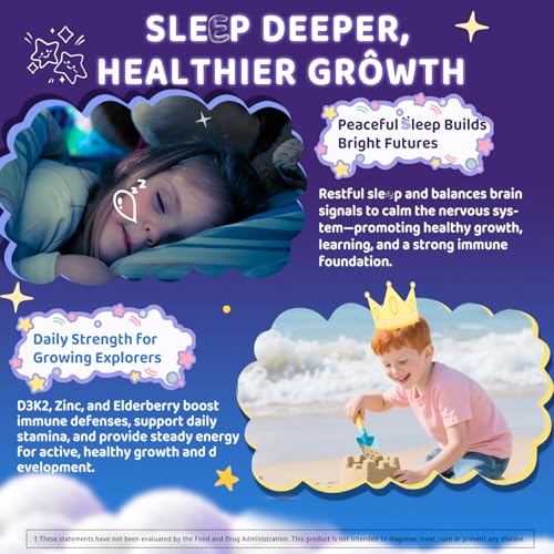 Image of Kids Sleep Gummies, NO Melatonin Sleep Aid Gummies w / Magnesium Glycinate, Magnesium Malate, L-Theanine, Lavender, B6, Zinc, D3K2 for Restful Sleep, Relax Brain & Muscle, Immune Support, Non-GMO 1Pack