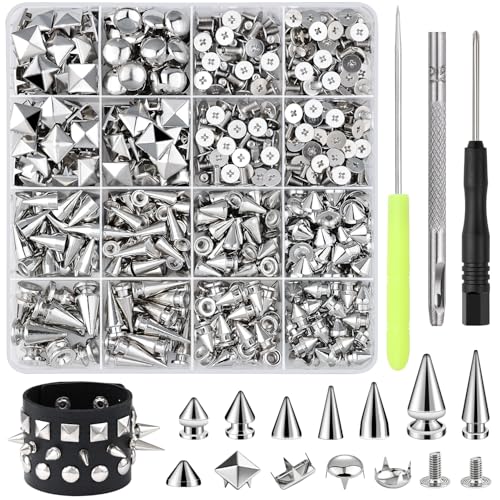 630 Pcs Punk Studs for Clothing 10 Sizes Cone Spikes for Clothes Square & Round Dome Pyramid Studs and Spikes Leather Rivets Metal Spike for Crafts Bags Belts Shoes Caps Necklace Decor with Tools