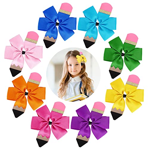 Whaline 8Pcs Back To School Bow Hair Clips Colorful Pencil Hair Bow Barrettes Ponytail Holder Grosgrain Hairgrips Cheer Hair Bows Tie For First Day Of School Girl Student Cheerleader Hair Accessories #TOP24