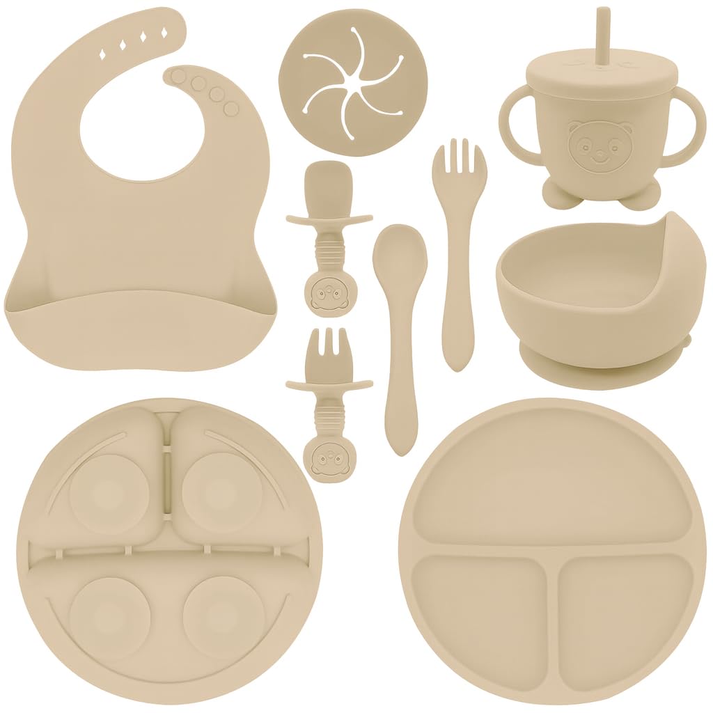 Silicone Baby Feeding Set | 9 PCS Baby Led Weaning Supplies Feeding Utensils | Divided Suction Plate Bowl Bib Cup Baby Spoons Forks | Toddler Eating Essentials-6+ Months (Beige)