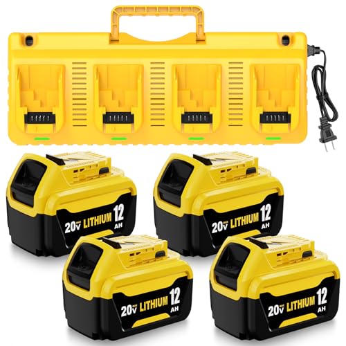 Image of 4 Packs 12000mAh DCB206 Replacement for Dewalt 20V Battery and DCB104 Charger Compatible with Dewalt 20V Max Battery Lithium DCB203 DCB207 DCB200 DCD DCF DCG Series Cordless Power Tools