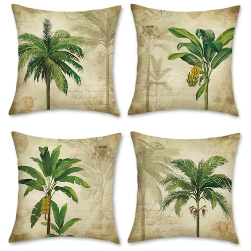Bonhause Tropical Palm Tree Throw Pillow Covers 18 x 18 Inch Set of 4 Vintage Green Decorative...