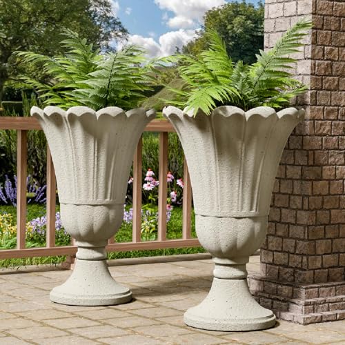 Trygoal 23.6 Tall Plastic Urn Planters for Outdoor Plants Set of 2 Heavy-Duty Classic Indoor Large Flower Pots with Drainage Holes & Petal Design Outdoor Planters for Porch Home Garden White