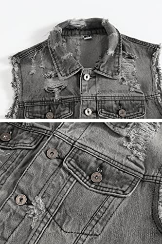 Image of ebossy Men's Ripped Distressed Denim Vest Sleeveless Button Up Jean Vest Jacket (Medium, Grey)