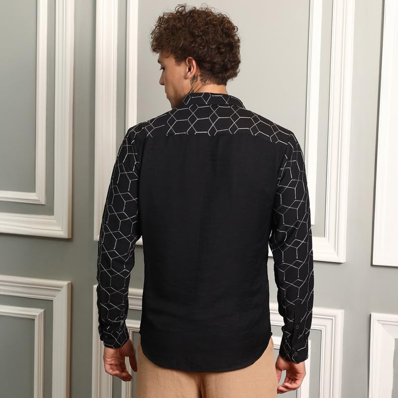 Image of CAHOOT Men's Hexagon-Lined Shirt | Casual Wear | Spread Collar | Long Sleeve | Button Closure | Shirt Crafted with Comfort Fit for Everyday Wear
