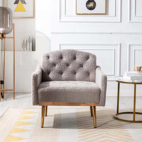 Olela Modern Accent Chair With Arms, Tufted Decorative Single Sofa Fabric Armchair With Gold Metal Legs, Upholstered Reading Chair For Living Room Bedroom Office (Grey - Fabric) #TOP1