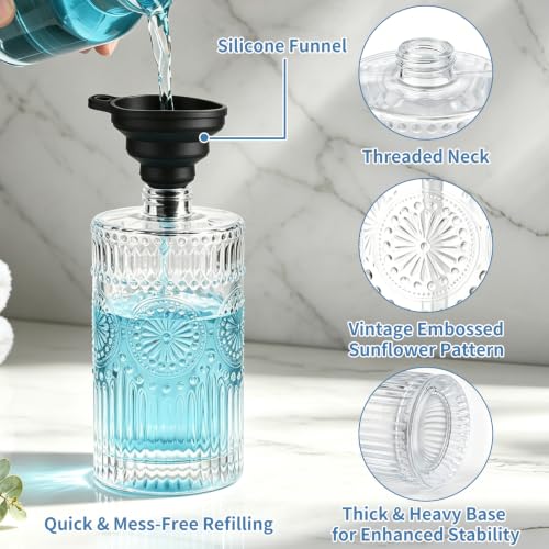 Image of Vintage Glass Soap Dispenser, 16 fl oz Refillable Liquid Hand Soap Bottle with Pump, Sunflower Embossed Dish Soap Dispenser for Bathroom, Kitchen, Shower (Clear)