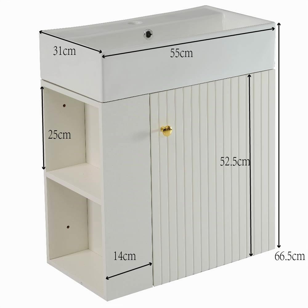 Mobile da bagno sospeso da 55 cm, con lavello in ceramica, moderno mobile da parete con anta scanalata e ripiano aperto, per casa, bagno, piccolo spazio, senza rubinetto (bianco)