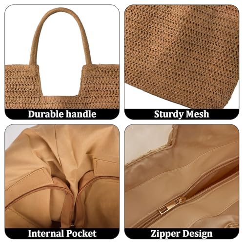 Image of Straw Beach Bags for Women, Shoulder Handbags, Summer Bag for Travel Vacation, Women Beaches Handmade Woven Tote Bag for Beach Picnic Vacation