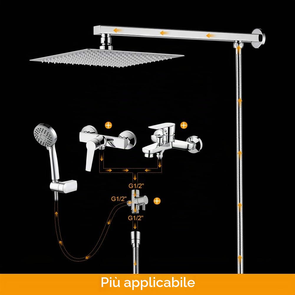 GRIFEMA G7007 - Soffione Doccia Pioggia con Braccio e Tubo, Soffione Doccia a Pioggia Anticalcare ad Alta Pressione Testa di Doccia Acciaio Inox Lucido Ultra Sottile Quadrato