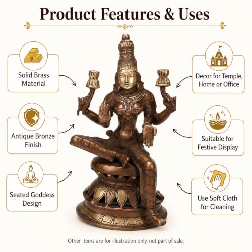 Image of Kartique Brass Lakshmi Idol on Lotus, 12 Inch for Home Temple (Bronze) | Handmade