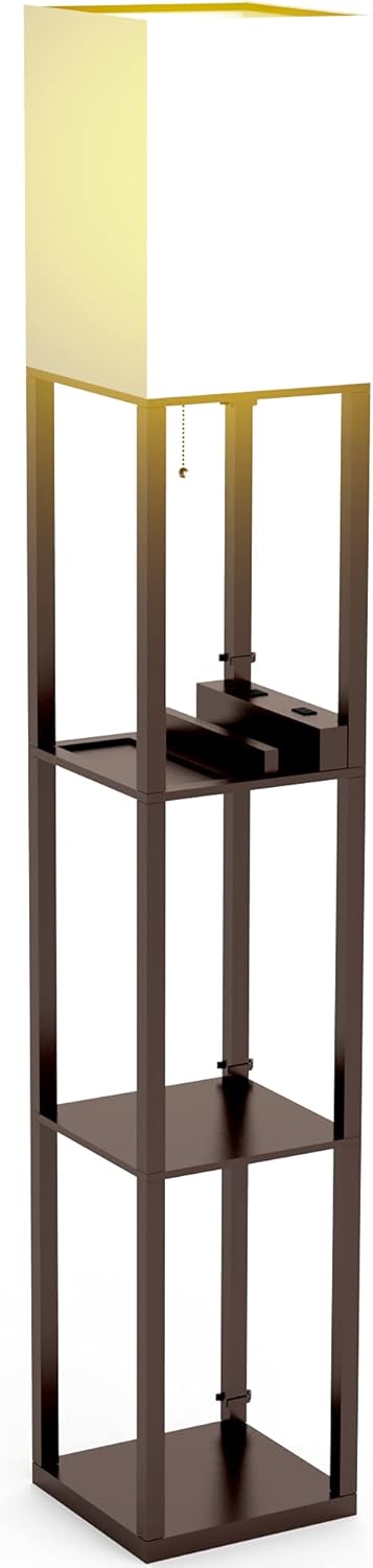 Exclusive Discount 60% Price PAZZO Floor Lamp with Shelves, Shelf Floor Lamps by Solid Wood with 2 Charging Ports and 1 Power Outlet, Floor Lamps for Bedrooms, Lamps for Living Room, Brown Color