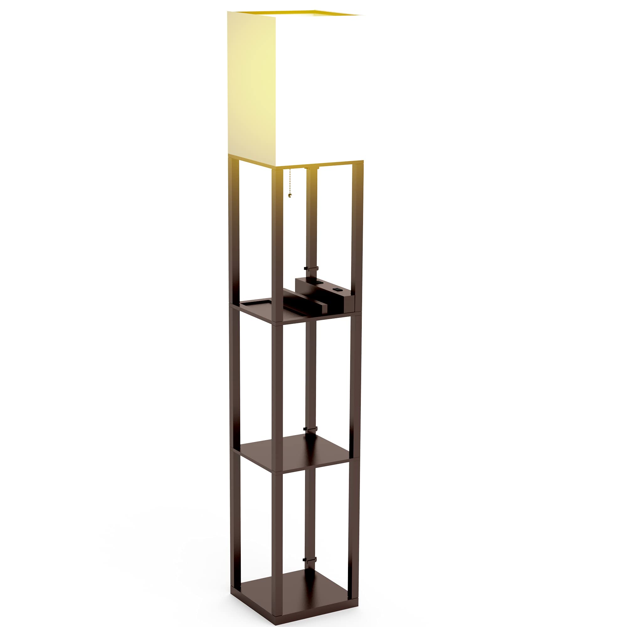 PAZZO Floor Lamp with Shelves, Shelf Floor Lamps by Solid Wood with 2 Charging Ports and 1 Power Out