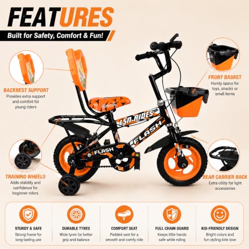 Image of Flash Baby Cycle for Kids 2-3Years | 10 Inch Bike with Training Wheels, Storage Basket, Comfortable Seat & Carrier