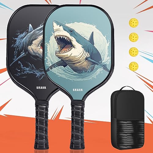 Ducksky Juego De Palas De Pickleball, Juego De Pickleball De Fibra De Vidrio, Dos Raquetas Y Cuatro Bolas, Patrón De Tiburón