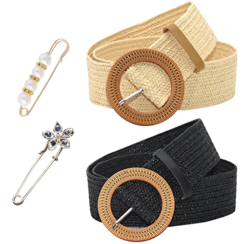 VEGCOO Ceinture Large en Paille Tissée Femme, 2 Pièces 96cm/38in*5cm/2in, Élastique Taille Haute Avec 2 Épingles À Nourrice Pour Robe/Jupe/Chemises (Blanc...