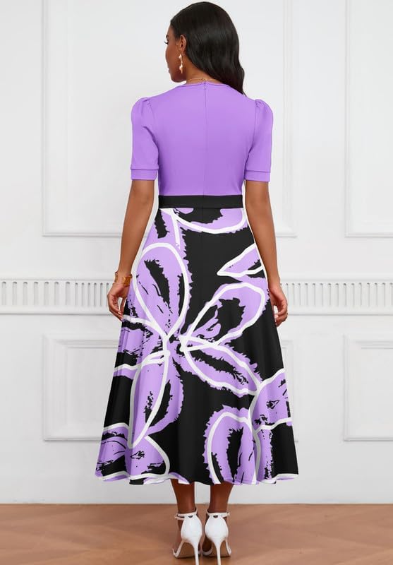 Womens Midi Dresses V Neck Cocktail Church Tea Dresses Short Sleeve A-Line Swing Dresses3