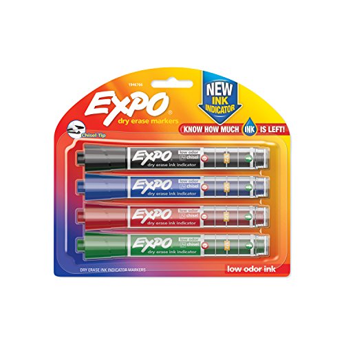 EXPO Dry Erase Markers with Ink Indicator, Chisel Tip, Assorted Colors, Pack of 4 markers