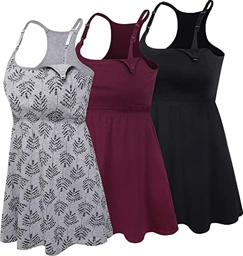 Womens Cotton Maternity Nursing Tank Tops with Shelf Bra Breastfeeding Camisole Shirts (Large, Black+Burgundy+Grey Print 3pack)