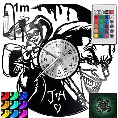 Joker and Harley Quinn - Reloj de pared con luz LED RGB para mando a distancia, disco de vinilo,...