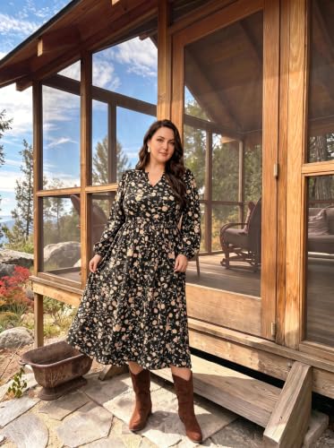 Image of TIYOMI Womens Plus Size Dresses Fall Long Sleeve Maxi Dresses V Neck Floral Spring Party Dress with Pockets XL-5XL (14W-28W)