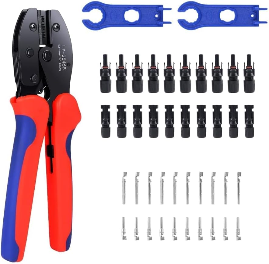 Solar Panel Connector and Crimping Tool Kit for 2.5/4/6mm² Solar Panel Wiring PV Cable – Ip67 Waterproof Male Female Power Connector & High-Carbon Crimping Pliers for PV Terminals Crimp Tool Set