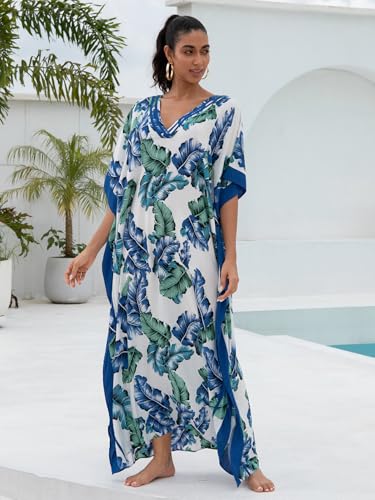 Image of KECVOT Kaftan Dresses for Women V-Neck Print Swimsuit Cover Up Plus Size Beach Caftan Lounge Dress