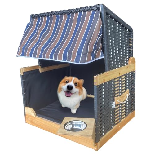 Hundebett Katzenbett Hundestrandkorb Haustierbett Polyrattan gewebt für Innen- und Außenbereich, schwarz, gestreift, Holz, Kunststoff,Maße: 80L cm x 65B cm x 96H cm