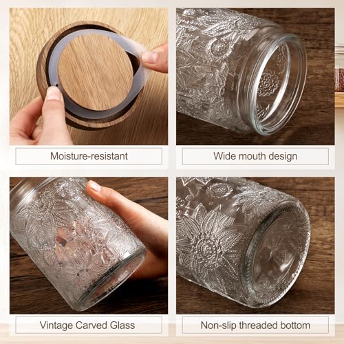 Image of Suclain 5 Pcs Sunflower Vintage Glass Jars Airtight Lid 17 /24 /34 oz, Round | Glass Containers, Decorative Jars Bamboo Lids, Storage for Food Kitchen Counter Pantry Sugar Flour Coffee Tea Candy Oats