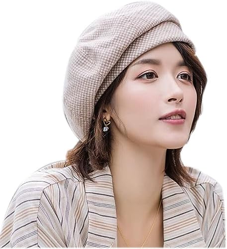 Women Retro Houndstooth Beret Hat Newsboy Caps Fashion Winter Knitted Wool French Style Painter Hats (Khaki)