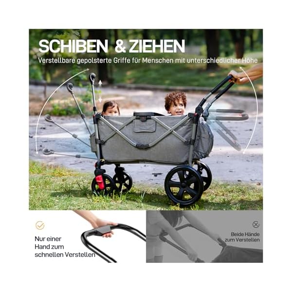 EVER ADVANCED Bollerwagen für 2 Kinder Faltbar mit Dach, Kinderwagen 2x5 Punkt Sicherheitsgurt mit Wickelrucksack, Bollerwagen mit Sitz, Handwagen Transportwagen, Ziehen & Schieben, Fußbremse
