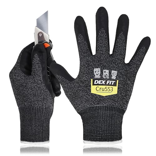 DEX FIT Guantes Anticortes de Nivel 5 Cru553, Ajuste Cómodo Elástico 3D, Buen Agarre, Recubrimiento de Espuma Duradero de Nitrilo, Táctil, Fino y Ligero, Lavable, Negro-Gris 7 (S) 1 Par