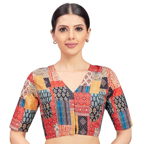 Image of Studio Shringaar Women's Cotton Patchwork Printed Readymade Saree Half Sleeve Blouse