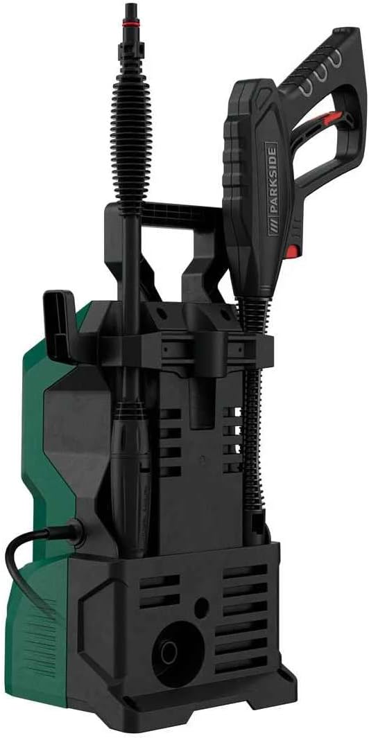 Side view of the PARKSIDE PHD 110 E1 High-Pressure Cleaner with the spray gun and hose neatly stored on the unit.