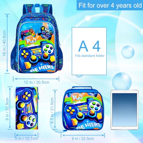Image of Gamer Backpack for Boys, 16 inch Kids Bookbag with Lunch Box, 3Pcs Gaming School Backpacks for Elementary Preschool Kindergarten (Blue)