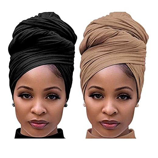 Harewom African Head Wraps for Black Women with Natural Hair Stretch Turban Hair Wraps Head Scarf for Braids Locs Tie Headbands (Black and Camel)